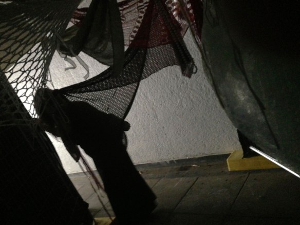 A shadowy woman waits, there is the outside world and light behind her, she is at one end of the tunnel/portal, she is surrounded by shadowy nets suspended from the ceiling